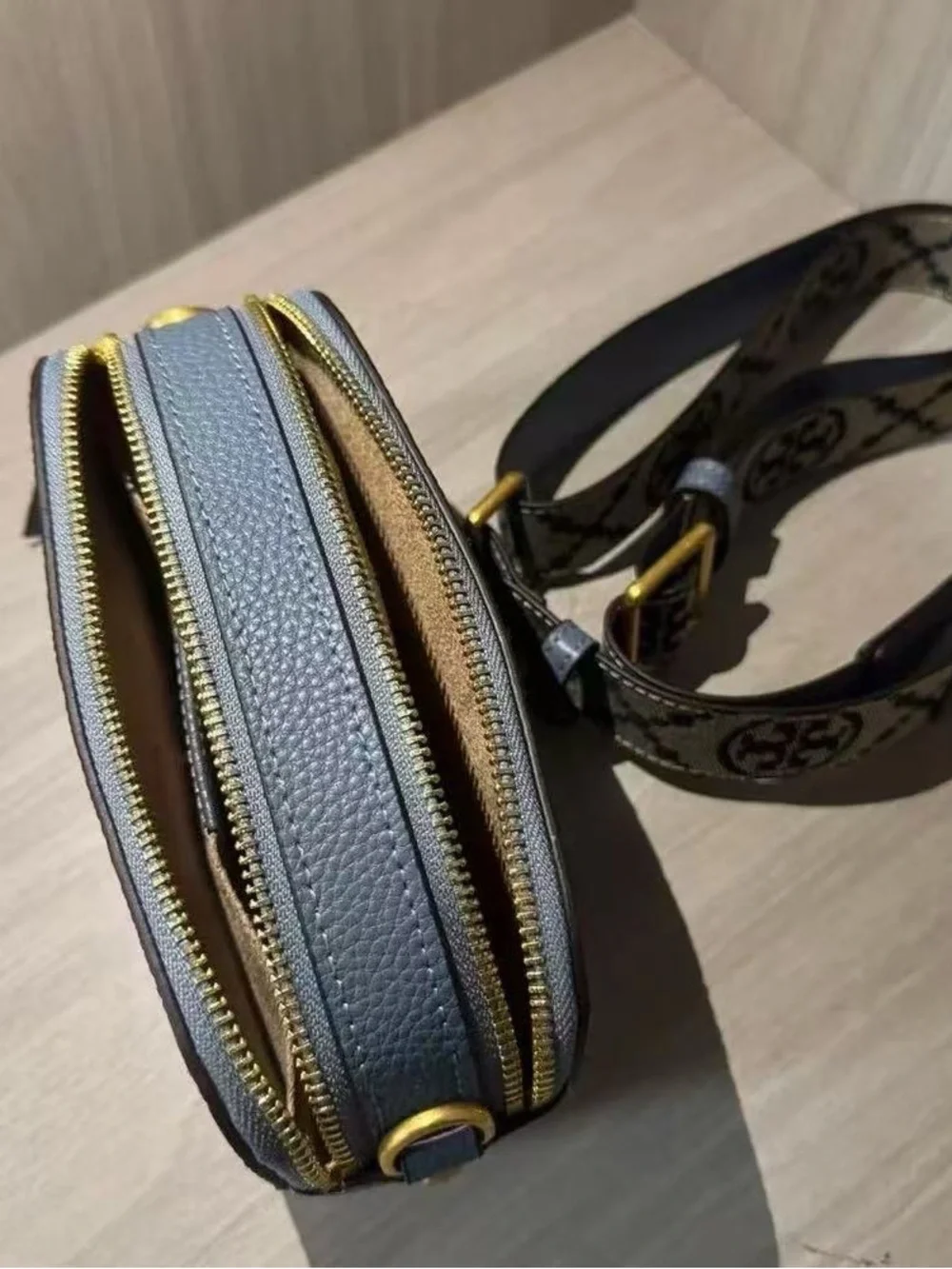 Tory Burch Dusty Blue Pebbled Leather Crossbody with Logo Strap